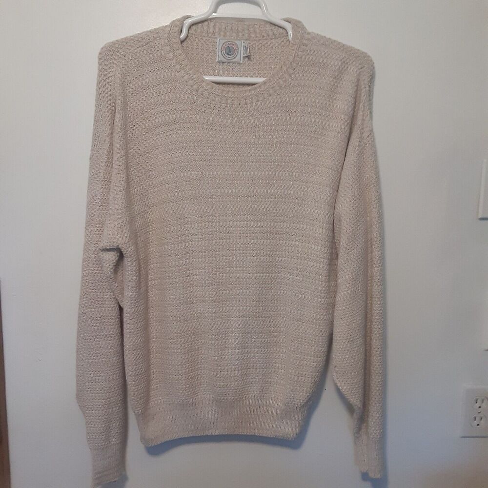 Vtg Cape Isle Knitters Sweater Men Large Cream Fishermans Cotton Crew Neck USA